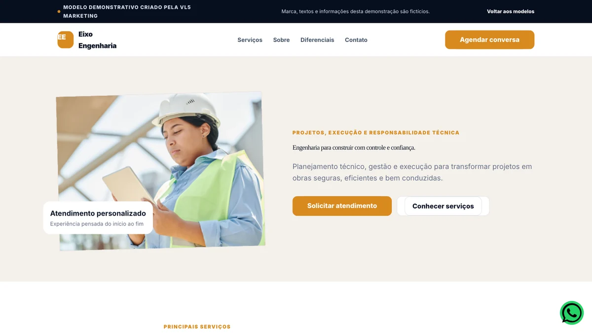 Captura real do modelo de site para Engenharia
