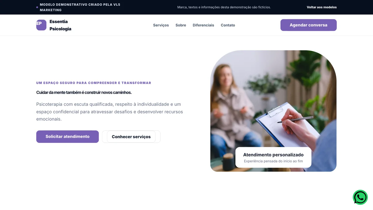 Captura real do modelo de site para Psicologia